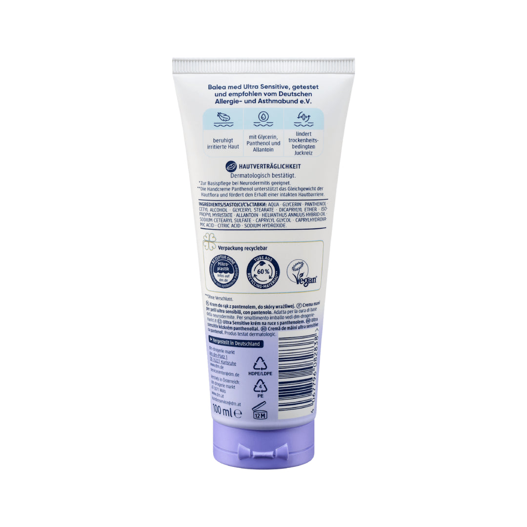 Balea med Ultra Sensitive Panthenol Handcreme tube on a white background