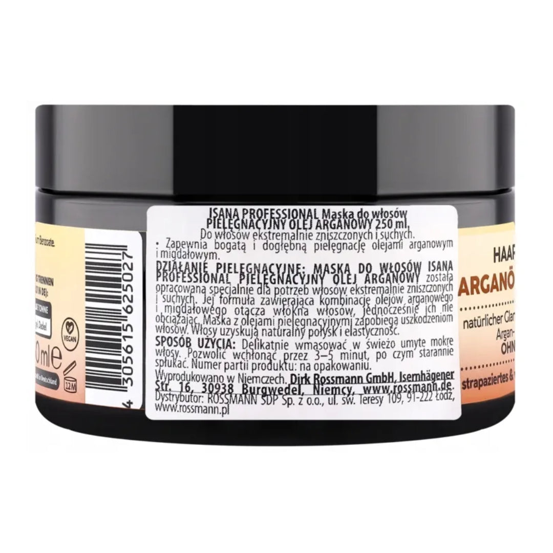 Isana hair mask jar with argan oil on a white background